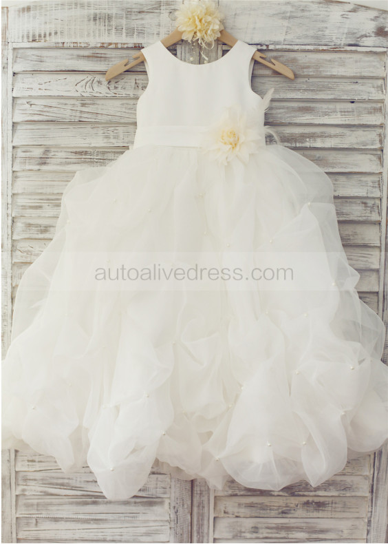 Ivory Satin Organza Bubble Skirt Flower Girl Dress With Feather Flower